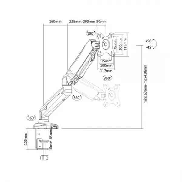 Настольный кронштейн с газлифтом Brateck LDT13-C012 для 1 монитора (13\