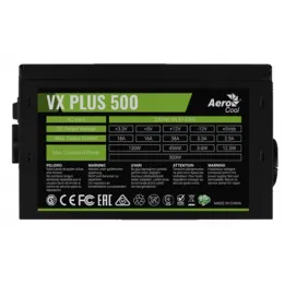 Блок питания, AeroCool, VX PLUS 500, 500W, ATX, (230V None-PFC), 20+4 pin, 4+4pin, 3Sata, 3Molex, 1FDD, 1PCI-E 6 pin, Вентилятор 12 см, Кабель питания, Чёрный