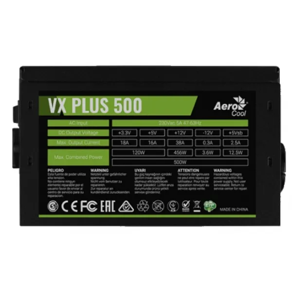 Блок питания, AeroCool, VX PLUS 500, 500W, ATX, (230V None-PFC), 20+4 pin, 4+4pin, 3Sata, 3Molex, 1FDD, 1PCI-E 6 pin, Вентилятор 12 см, Кабель питания, Чёрный купить с доставкой